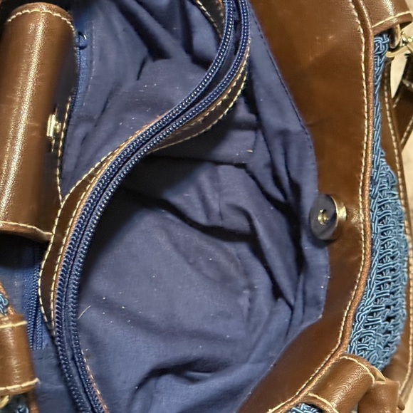 Blue and Brown Textured Shoulder Bag with Leather Accents - Picture 9 of 11